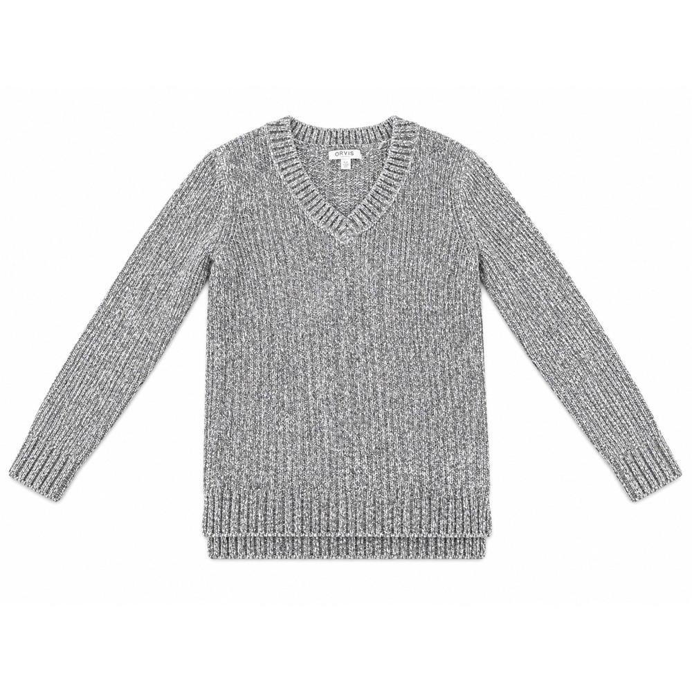 Orvis Women's Grey Marl Chenille V-Neck Ribbed Knit Pullover Sweater Size Small